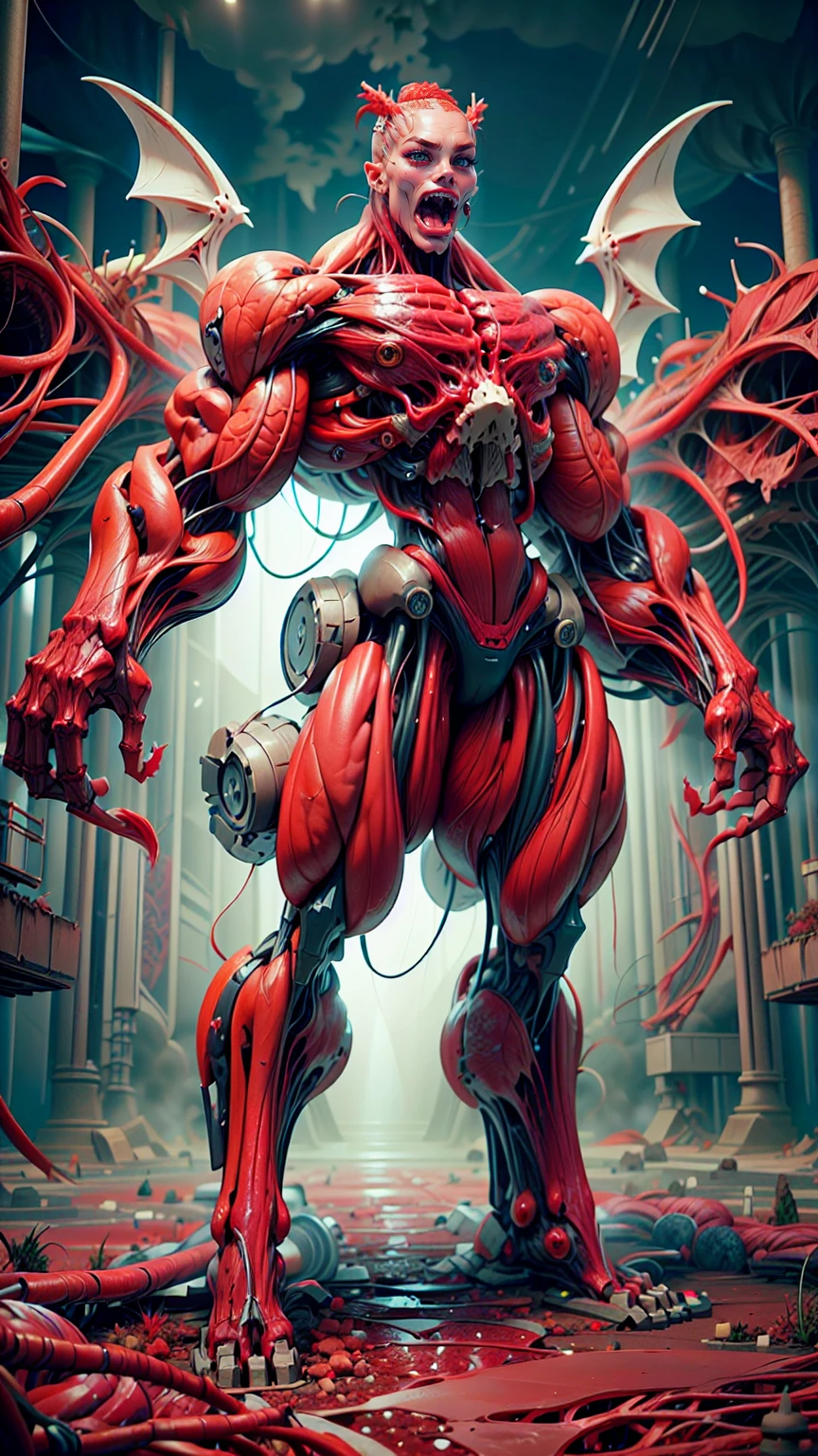 Character description: (1 girl), (cara delevingne:1.25), (beautiful girl face:1.25), (muscular succubus demoness), (carnage skinless physique:1.25), (huge gigantic wings & horns:1.25), (undead skinless succubus:1.25), (covered in red necrotic rotting skinless muscle:1.25), (exposed muscular anatomy:1.25), (large demonic claws:1.25). Character pose: Standing with legs closed, Arms spread apart, Wings spread out, (Whole body pose), Front View. Character expression: psychotic laughter, sharp teeth, beautiful cute girl face, red eyes, scary and horrific. Scene description: anatomic tech world morph, hellish landscape, Hellraiser like atmosphere. Scene Quality: (8k, RAW photo, photorealistic:1.25).