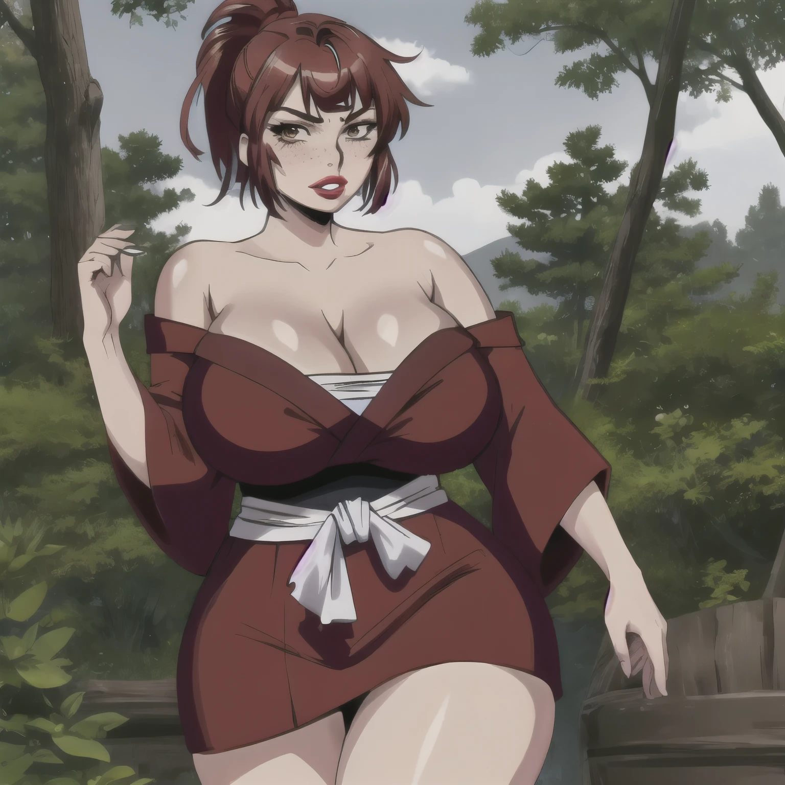 masterpiece, detailed, beautiful, 1girl, mature female, milf, (looking at viewer:1.2), blushing, black eyeliner, body facing viewer, facing viewer, full body, closed mouth, shy, tsundere, standing, outside in a forest, (red hair:1.2), bob cut, long bangs, (freckles:1.2), brown eyes, chubby, pale skin, wide waist, voluptuous hips, thick thighs, full lips, (Dark Red lipstick:1.2), massive saggy breasts, massive round ass, giant areolae, black, patterned Japanese clothes, skirt, black sarashi, black fundoshi, off shoulder.