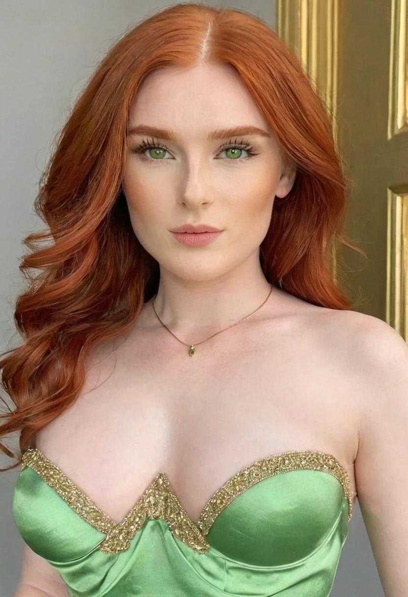(best high quality:1.2), obra de arte, 8k, extremely detailed, (High detail:1.2), ((perfect anatomy in hands)), (Hotlexi woman), Solo, 24 year old red-haired Irish female With subtle eyes slightly green, ((dress strapless)),