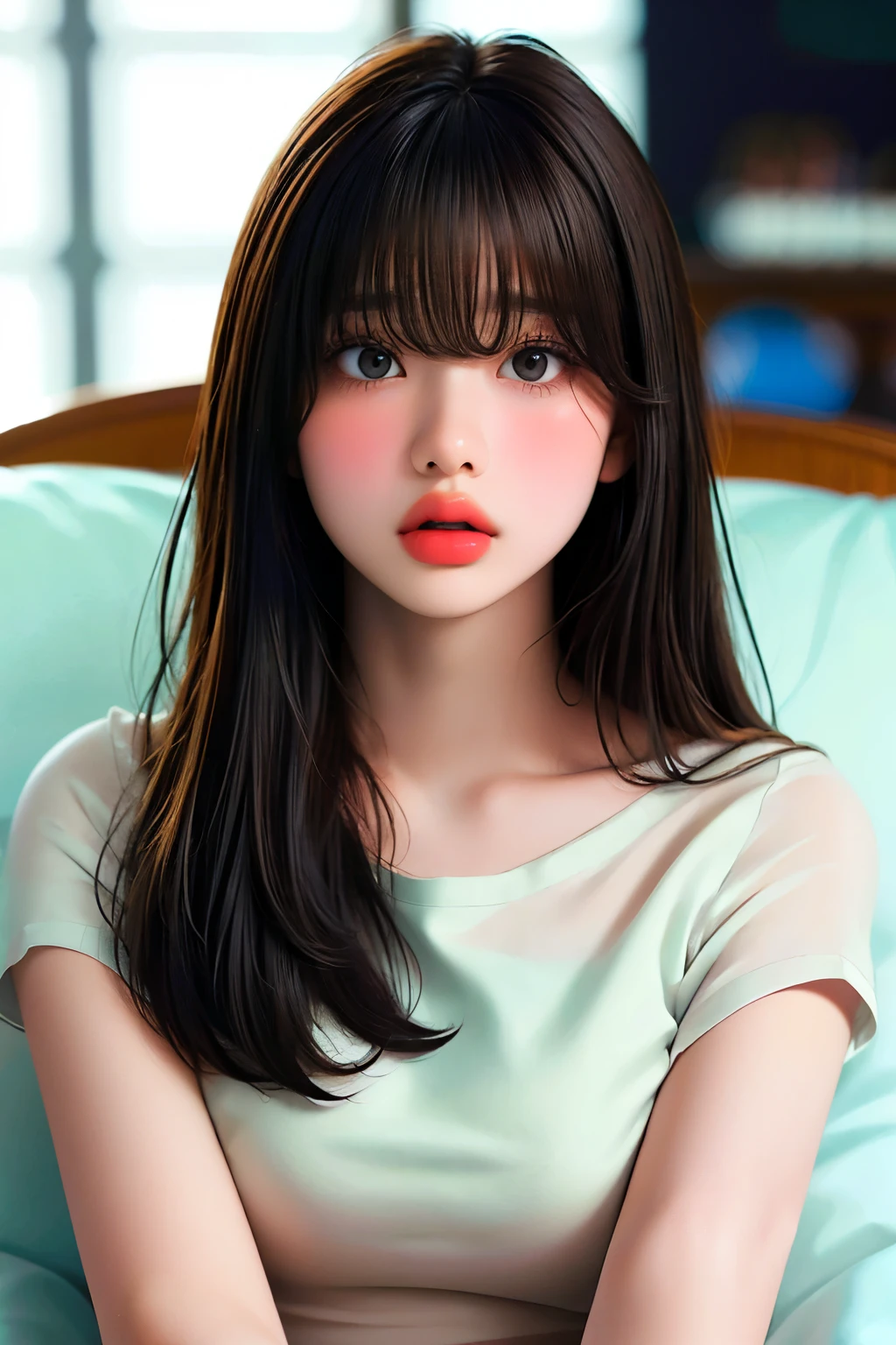 masterpiece, best quality, (dark photo:1.3), photorealistic, 1girl, flat bangs, stunning innocent symmetry face, shirt, emotional, ulzzang, (PureErosFace_V1:0.7)