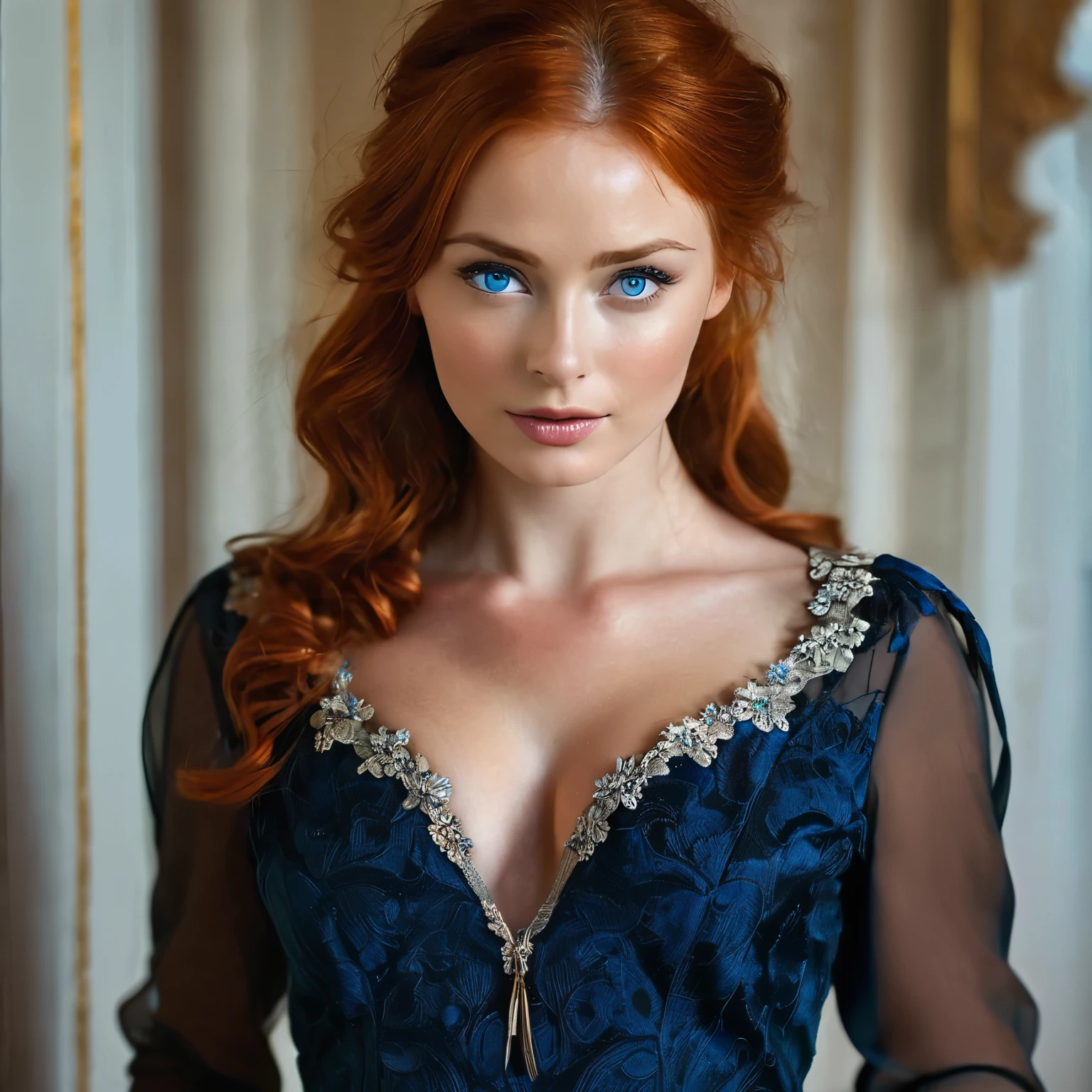 Female, Russian, spy, blue eyes,firey redhead, ,full body portrait,sexy,hot, seductive,formal yet sexy dress, masterpiece,