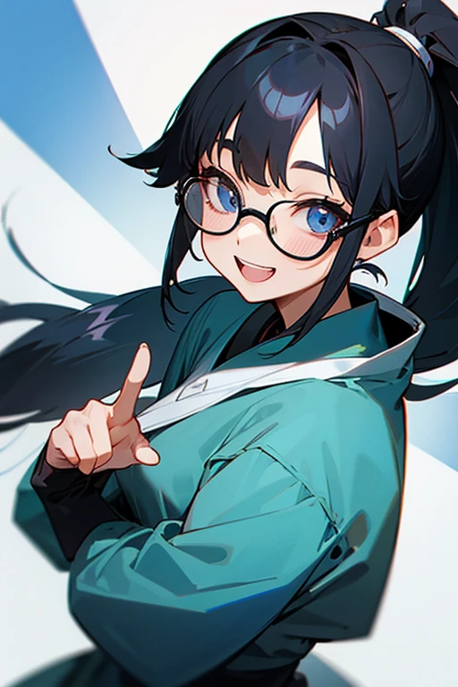 woman、black haired、ponytail、wearing glasse、twin tails、eyes are blue、Show your teeth a little、smile、