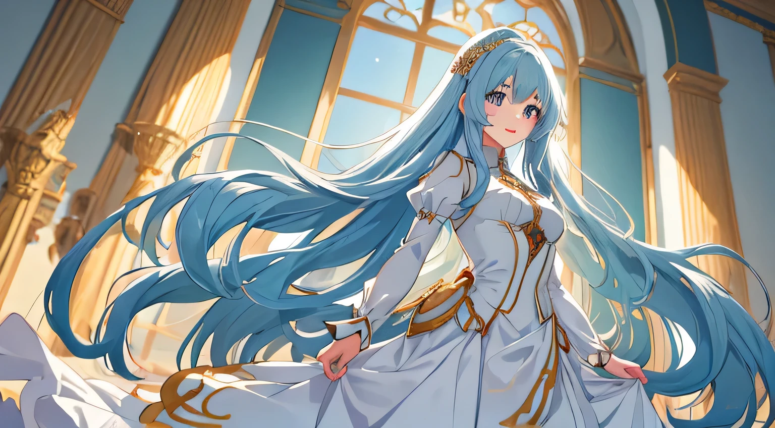 Personagem de anime, garota, beautiful long hair down to the floor, usando um vestido na altura da coxa, vestido de manga comprida, cabelo branco, rosto bonito, Olhos azuis claros, 8k resolution, Qualidade HD, partes do corpo muito detalhadas, corpo todo, Standing posture, sorrindo docemente