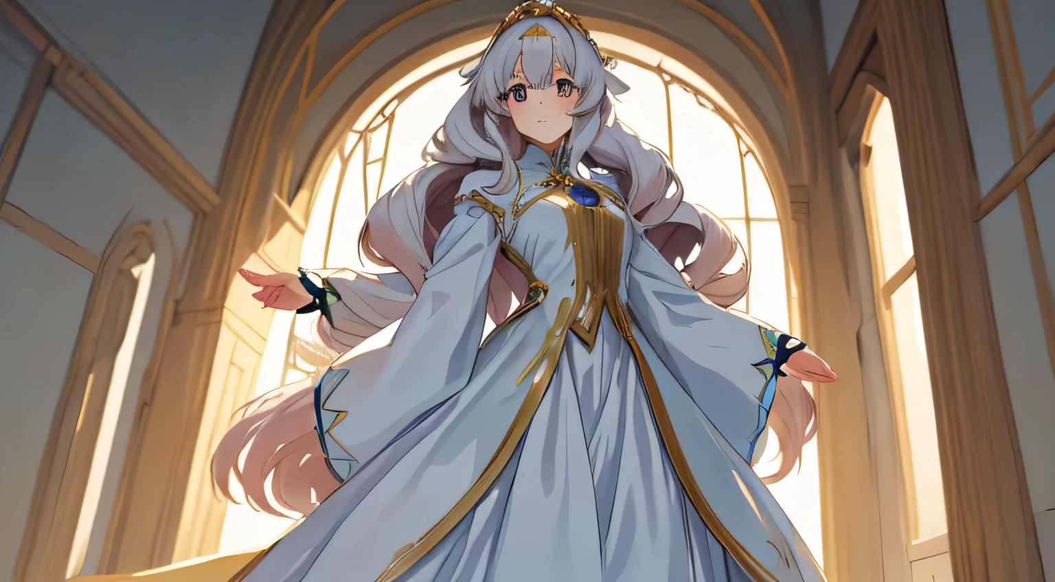 Personagem de anime, garota, beautiful long hair down to the floor, usando um vestido na altura da coxa, vestido de manga comprida, cabelo branco, rosto bonito, Olhos azuis claros, 8k resolution, Qualidade HD, partes do corpo muito detalhadas, corpo todo, Standing posture, levitating from the ground smiling sweetly