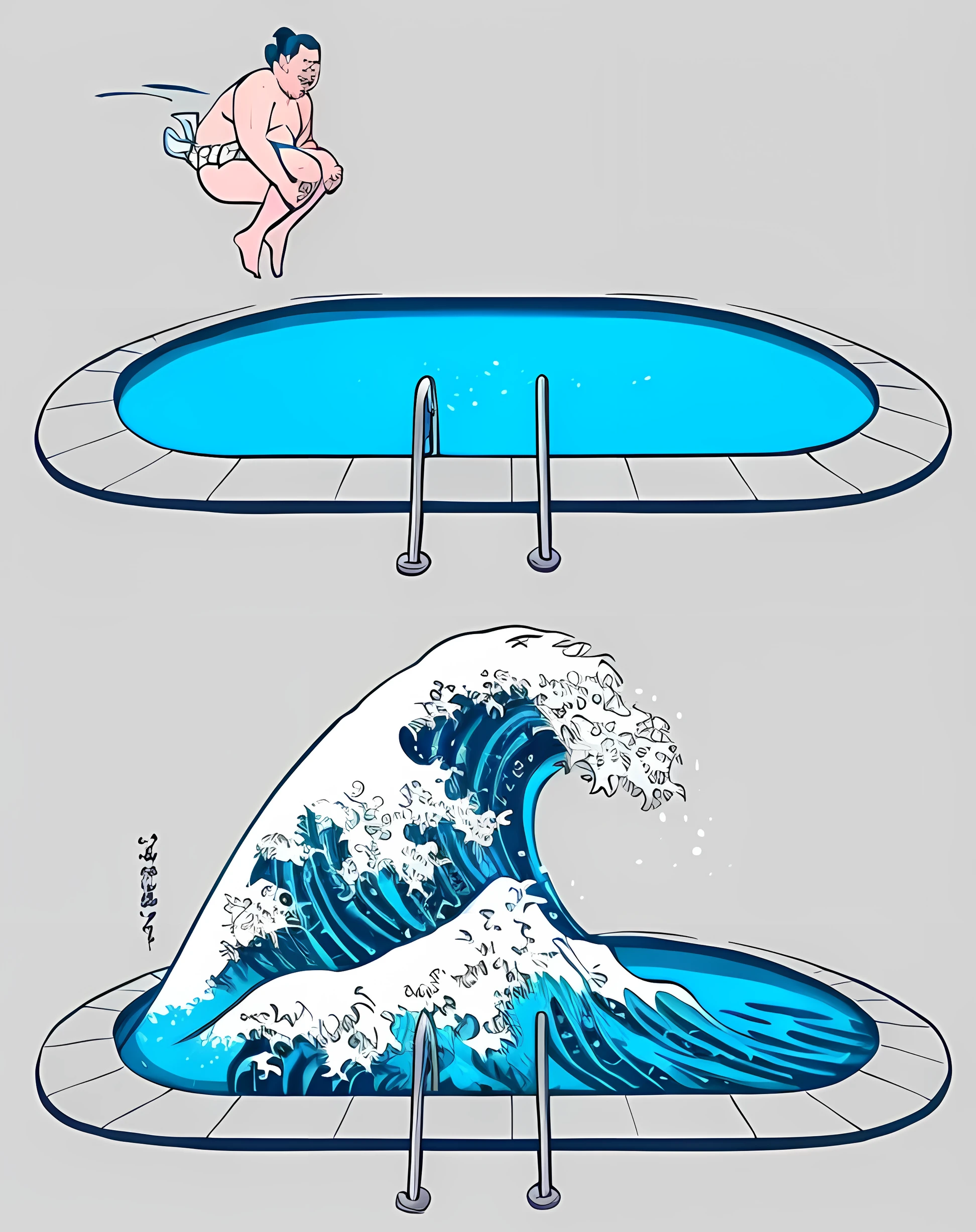 illustration of a sumo man jumping into a swimming piscina with a wave, funny illustration, humorous illustration, ilustraciones fabulosas, gran ola, ((ondas, arte surrealista del agua, very humorous illustration, by Camilo Mori, Estilo Hokusai, piscina, swimming pool, Weird and funny illustration, Linda obra de arte detallada, piscinas, tsunami, obra de arte divertida, big ondas, ondas, giant ondas