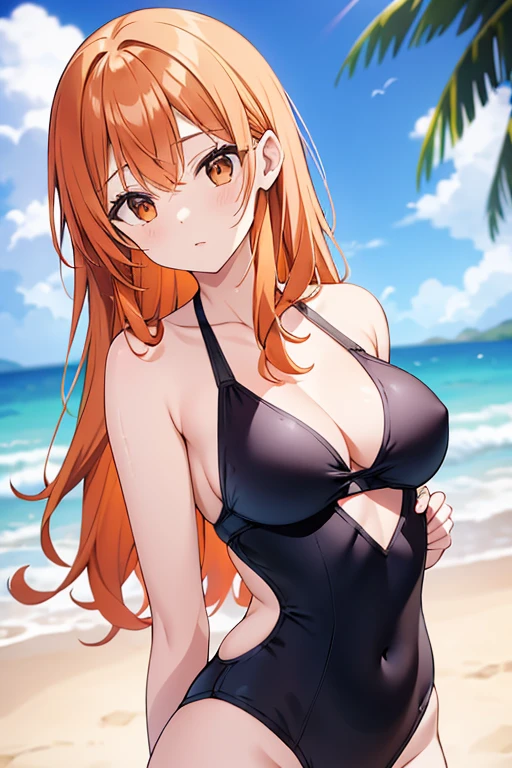A beautiful woman with straight orange hair wearing a black 2-piece swimsuit