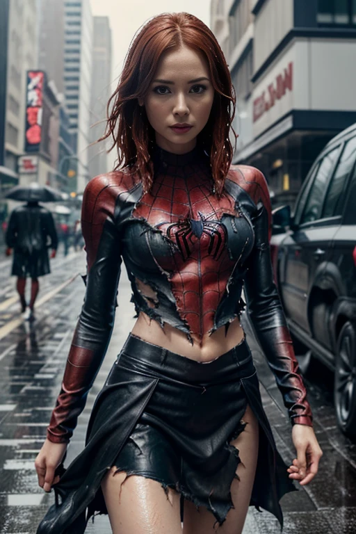 Karen Gillan、マーベル・コミック映画のposter, very beautiful, movies about spiderman, sexy, whole body, I'm wearing a skirt、premiere date, poster、belly buttonを突き出す、new york、she's wearing a torn spiderman suit,the suit is torn、wearing a skirt、 red and black color scheme,dynamic、masterpiece、highest quality、super detailed、very detailed、Detailed beautiful shine、超A high resolution、cinematic,tear,teardrop,(torn clothes:1.5), (wet clothes:1.4), bare shoulders,real rain,wet hair,belly button、exposing skin、sexyな肩を見せてる