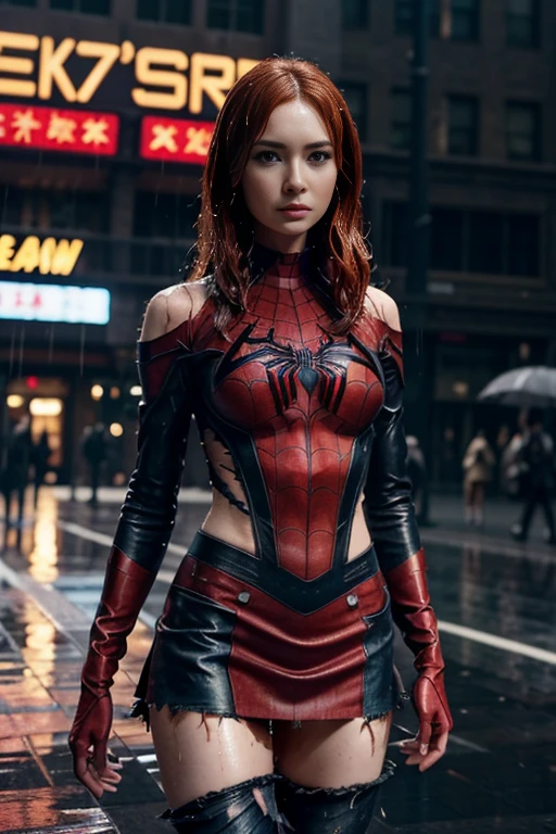 Karen Gillan、マーベル・コミック映画のposter, very beautiful, movies about spiderman, sexy, whole body, I'm wearing a skirt、premiere date, poster、belly buttonを突き出す、new york、she's wearing a torn spiderman suit,the suit is torn、wearing a skirt、 red and black color scheme,dynamic、masterpiece、highest quality、super detailed、very detailed、Detailed beautiful shine、超A high resolution、cinematic,tear,teardrop,(torn clothes:1.5), (wet clothes:1.4), bare shoulders,real rain,wet hair,belly button、exposing skin、sexyな肩を見せてる