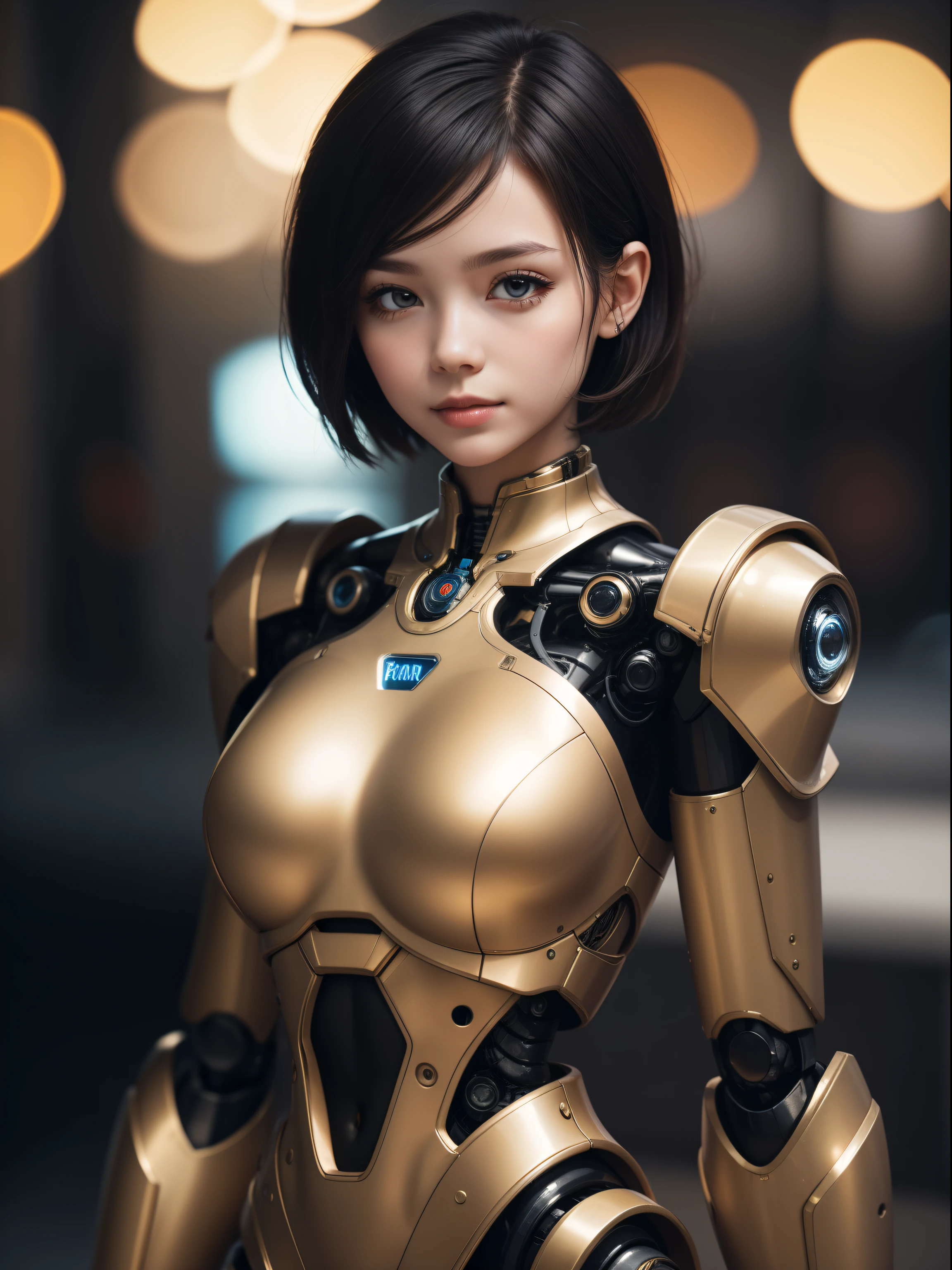 (((robot-girl,Short hair detailetallic body,she is a doctor))).Warm family background,Background bokeh