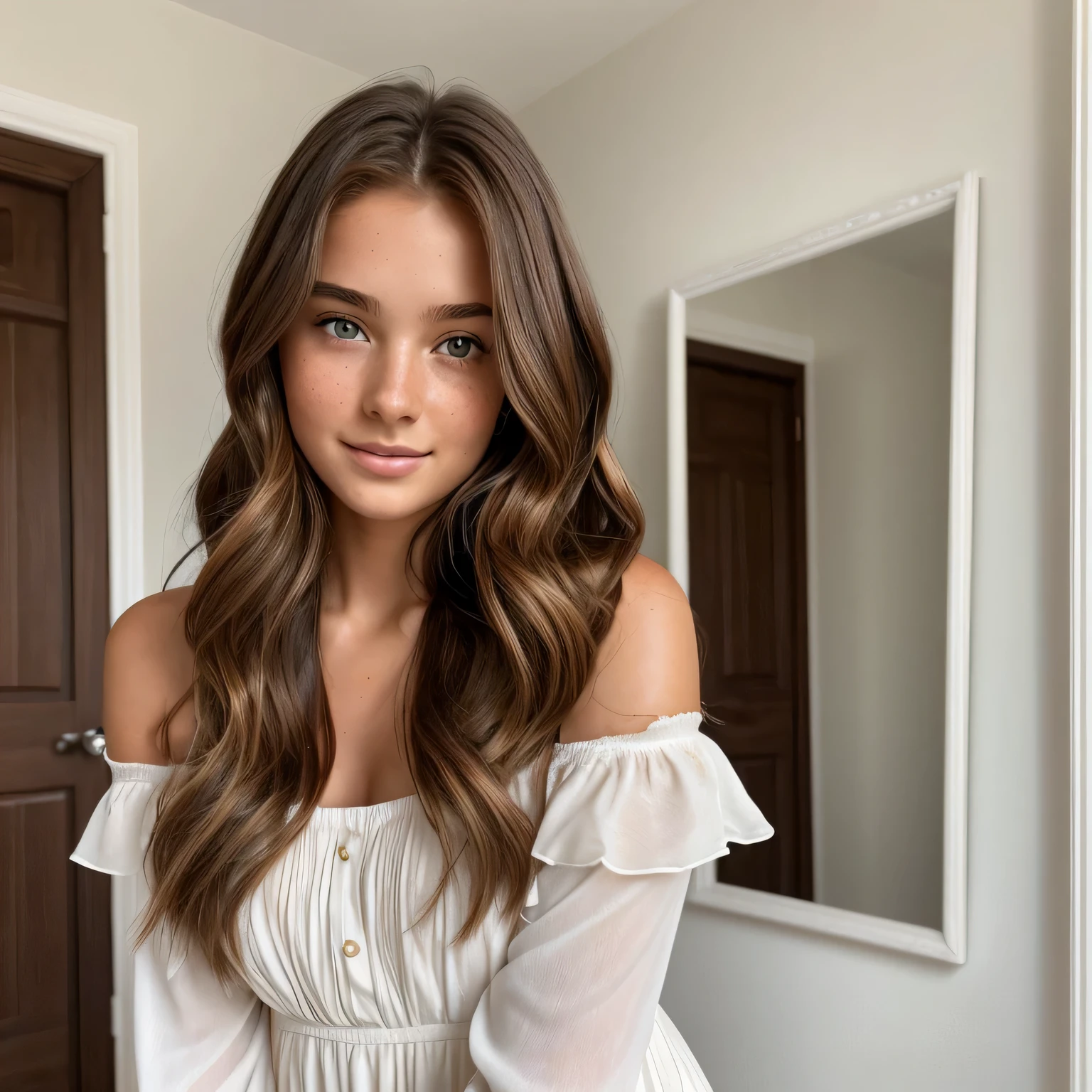 An 18-year-old woman, with long, chestnut-brown hair and bright honey-colored eyes, stands in a room bathed in soft, hazy light. She wears a simple, white cotton dress that clings to her curvaceous figure. The sight of her, with her seductive smile and come-hither gaze, is enough to leave anyone breathless.

In her hand, she holds a mirror, the glass reflecting her flawless, youthful face. She leans closer, her full lips parted in a whispered secret. The mirror captures every detail - the freckles on her nose, the delicate curve of her cheekbones, the long, dark