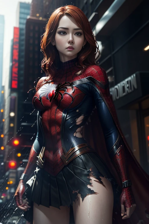 Karen Gillan、マーベル・コミック映画のposter, very beautiful, movies about spiderman, sexy, whole body, I'm wearing a skirt、premiere date, poster、belly buttonを突き出す、new york、she's wearing a torn spiderman suit,the suit is torn、wearing a skirt、 red and black color scheme,dynamic、masterpiece、highest quality、super detailed、very detailed、Detailed beautiful shine、超A high resolution、cinematic,tear,teardrop,(torn clothes:1.5), (wet clothes:1.4), bare shoulders,real rain,wet hair,belly button、exposing skin、sexyな肩を見せてる