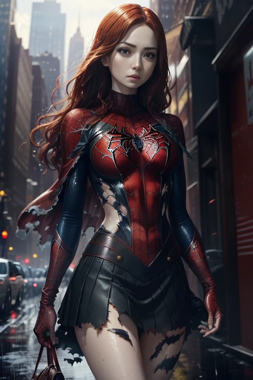 (1girl:1.3), Solo, (((Very detailed face)))), ((Very detailed eyes and face)))), Beautiful detail eyes, Body parts__, Official art, Unified 8k wallpaper, Super detailed, beautiful and beautiful, beautiful, masterpiece, best quality, original, masterpiece, super fine photo, best quality, super high resolution, realistic realism, sunlight, full body portrait, amazing beauty, dynamic pose, delicate face, vibrant eyes, (from the front), She wears Spider-Man suit, red and black color scheme, spider, very detailed city roof background, rooftop, overlooking the city, detailed face, detailed complex busy background, messy, gorgeous, milky white, highly detailed skin, realistic skin details, visible pores, clear focus, volumetric fog, 8k uhd, DSLR, high quality, film grain, fair skin, photo realism, lomography, futuristic dystopian megalopolis, translucent