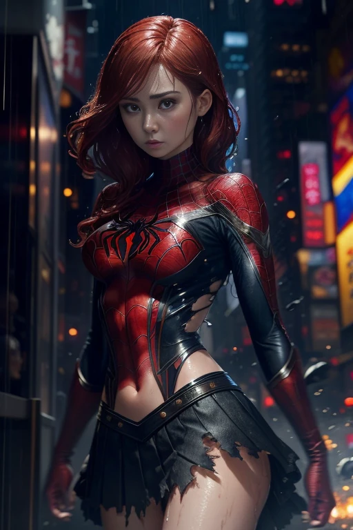 Karen Gillan、マーベルコミックの映画Poster、so beautiful、Movies about Spider-Man、sexy、whole body、Wearing a skirt、Premiere Date、Poster、belly buttonを突き出す、new york、She's wearing a ripped Spiderman suit、The suit is torn、Wearing a skirt、Red and black color scheme、dynamic、masterpiece、highest quality、Super detailed、Very detailed、Delicate and beautiful shine、Ultra-high resolution、Cinematic、break、breakドロップ、(Torn clothes:1.5)、(Wet clothes:1.4)、Bare shoulders、Real Rain、Wet Hair、belly button、Exposed Skin、sexyな肩を披露