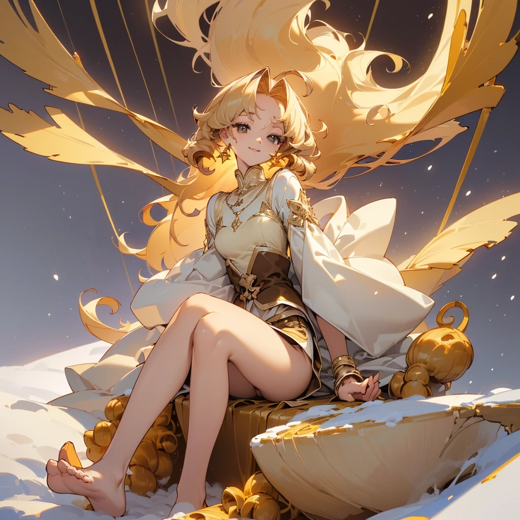 ((Masterpiece: 1.5, best quality, high resolution: 1.3, super resolution, super detailed, ultra detailed: 1.3, rich background: 1.2, Perfect Anatomy:1.5, 1 woman) pale skin + light blonde hair + Long curly hair + honey eyes + feminine figure + medium chest + small waist + wide hips (accessories on her thighs, no shoes, minimal jewelry, beautiful and divine wardrobe) ((open eyes, smile, sitting with wind blowing, white snow falling, dramatic lighting, elegant background)) ((colors for clothing: brown, gold, honey))