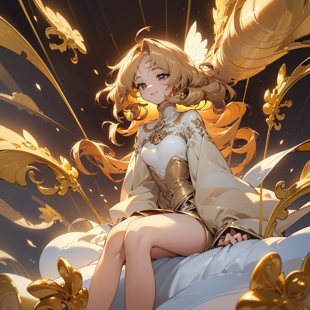 ((Masterpiece: 1.5, best quality, high resolution: 1.3, super resolution, super detailed, ultra detailed: 1.3, rich background: 1.2, Perfect Anatomy:1.5, 1 woman) pale skin + light blonde hair + Long curly hair + honey eyes + feminine figure + medium chest + small waist + wide hips (accessories on her thighs, no shoes, minimal jewelry, beautiful and divine clothing) ((open eyes, smile, sitting with wind blowing, white snow falling, snow on her hair, dramatic lighting, elegant background)) ((colors for clothing: brown, gold, honey))