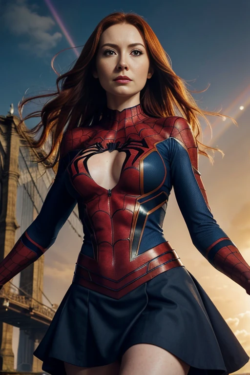 Karen Gillan, showing her belly button, In New York, wearing a torn spiderman suit, wear a skirt, abstract photorealistic, Artistic, Alphonse Mucha'Masterpieces of painting, highest quality, High resolution:1.4), be familiar with, intricate details, 4k, splash of color, line drawing, fibonacci, High resolution, Bright colors, with fantasy background, Female features'Flowing hair and dramatic light rays.."