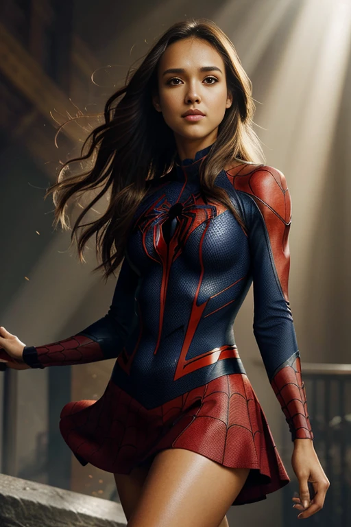 jessica alba, showing her belly button, In New York, wearing a torn spiderman suit, wear a skirt, abstract photorealistic, Artistic, Alphonse Mucha'Masterpieces of painting, highest quality, High resolution:1.4), be familiar with, intricate details, 4k, splash of color, line drawing, fibonacci, High resolution, Bright colors, with fantasy background, Female features'Flowing hair and dramatic light rays.."