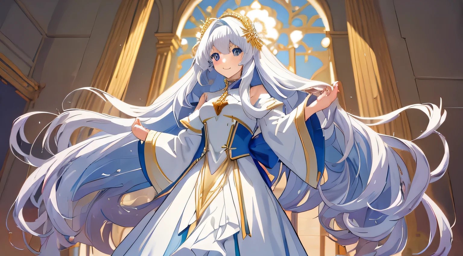 Personagem de anime, garota, beautiful long hair down to the floor, usando um vestido na altura da coxa, vestido de manga comprida, cabelo branco, rosto bonito, Olhos azuis claros, 8k resolution, Qualidade HD, partes do corpo muito detalhadas, corpo todo, Standing posture, levitating from the ground smiling sweetly