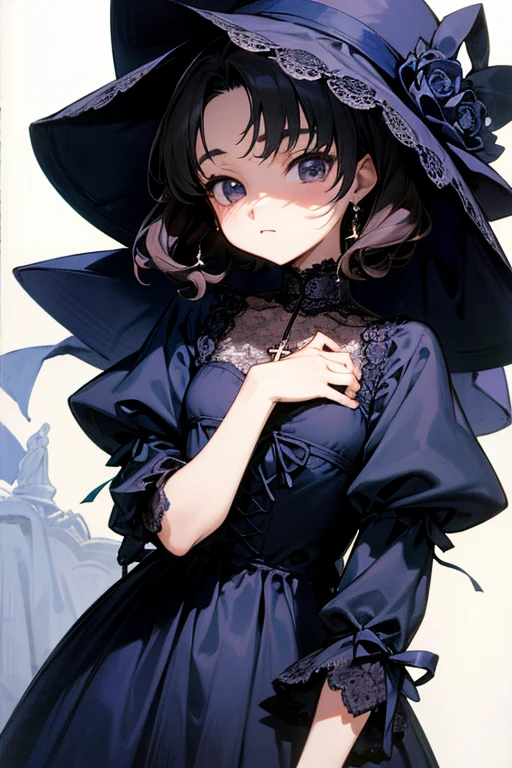 Akina Nakamori、black lace dress、25 years old、Beautiful woman、sexy、White cross necklace on chest、gothic style、miniature small hat、Sharp and cute、Beautiful woman、maria teresa、white lace tops、black tight skirt、elegant、sexy、