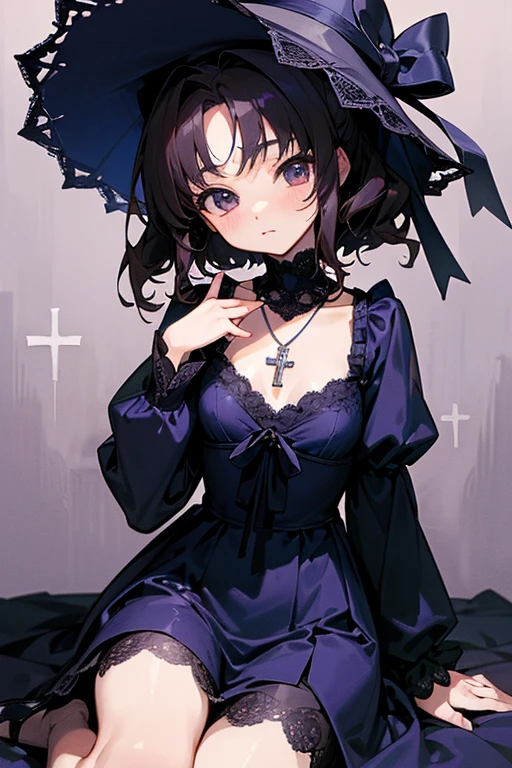 Highest image quality、highest quality、最高masterpiece、masterpiece、Akina Nakamori、Navy blue lace dress、、Beautiful woman、sexy、White cross necklace on chest、gothic style、miniature small hat、Sharp and cute、Beautiful woman、Upper grade、sexyポーズ、
