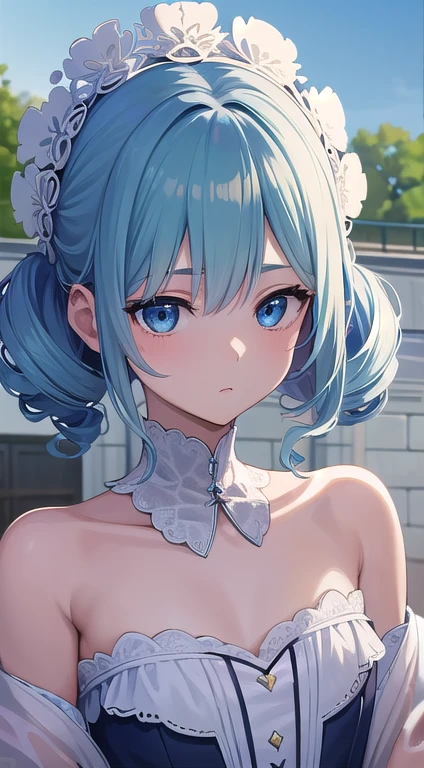 最high quality,very detailed,high quality,Extremely detailed,masterpiece,Super fine,超High resolution,超high quality,super delicate face,super realistic,(1 person:1.2)、woman、、light blue hair color、(Cute sky blue eyes)、(short:1.3)、flat chest 、 body shape、(twin drill hair:1.2)、masterpiece, 最high quality, {最high quality}, {{masterpiece}}, {High resolution}, concentrated, anime style, womanの漫画のクローズアップ, girl design, portrait, Sophisticated and powerful appearance, exotic, expensive, Hilarious, classic clothing,