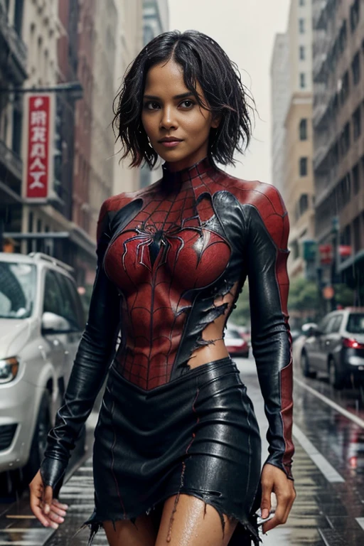 halle berry、マーベル・コミック映画のposter, very beautiful, movies about spiderman, sexy, whole body, I'm wearing a skirt、premiere date, poster、belly buttonを突き出す、new york、she's wearing a torn spiderman suit,the suit is torn、wearing a skirt、 red and black color scheme,dynamic、masterpiece、highest quality、super detailed、very detailed、Detailed beautiful shine、超A high resolution、cinematic,tear,teardrop,(torn clothes:1.5), (wet clothes:1.4), bare shoulders,real rain,wet hair,belly button、exposing skin、sexyな肩を見せてる
