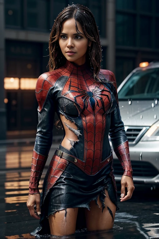 halle berry、マーベル・コミック映画のposter, very beautiful, movies about spiderman, sexy, whole body, I'm wearing a skirt、premiere date, poster、belly buttonを突き出す、new york、she's wearing a torn spiderman suit,the suit is torn、wearing a skirt、 red and black color scheme,dynamic、masterpiece、highest quality、super detailed、very detailed、Detailed beautiful shine、超A high resolution、cinematic,tear,teardrop,(torn clothes:1.5), (wet clothes:1.4), bare shoulders,real rain,wet hair,belly button、exposing skin、sexyな肩を見せてる