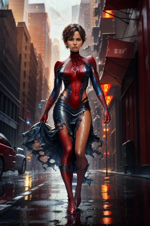halle berry、マーベル・コミック映画のposter, very beautiful, movies about spiderman, sexy, whole body, I'm wearing a skirt、premiere date, poster、belly buttonを突き出す、new york、she&#39;s wearing a torn spiderman suit,the suit is torn、wearing a skirt、 red and black color scheme,dynamic、masterpiece、highest quality、super detailed、very detailed、Detailed beautiful shine、超A high resolution、cinematic,tear,teardrop,(torn clothes:1.5), (wet clothes:1.4), bare shoulders,real rain,wet hair,belly button、exposing skin、sexyな肩を見せてる