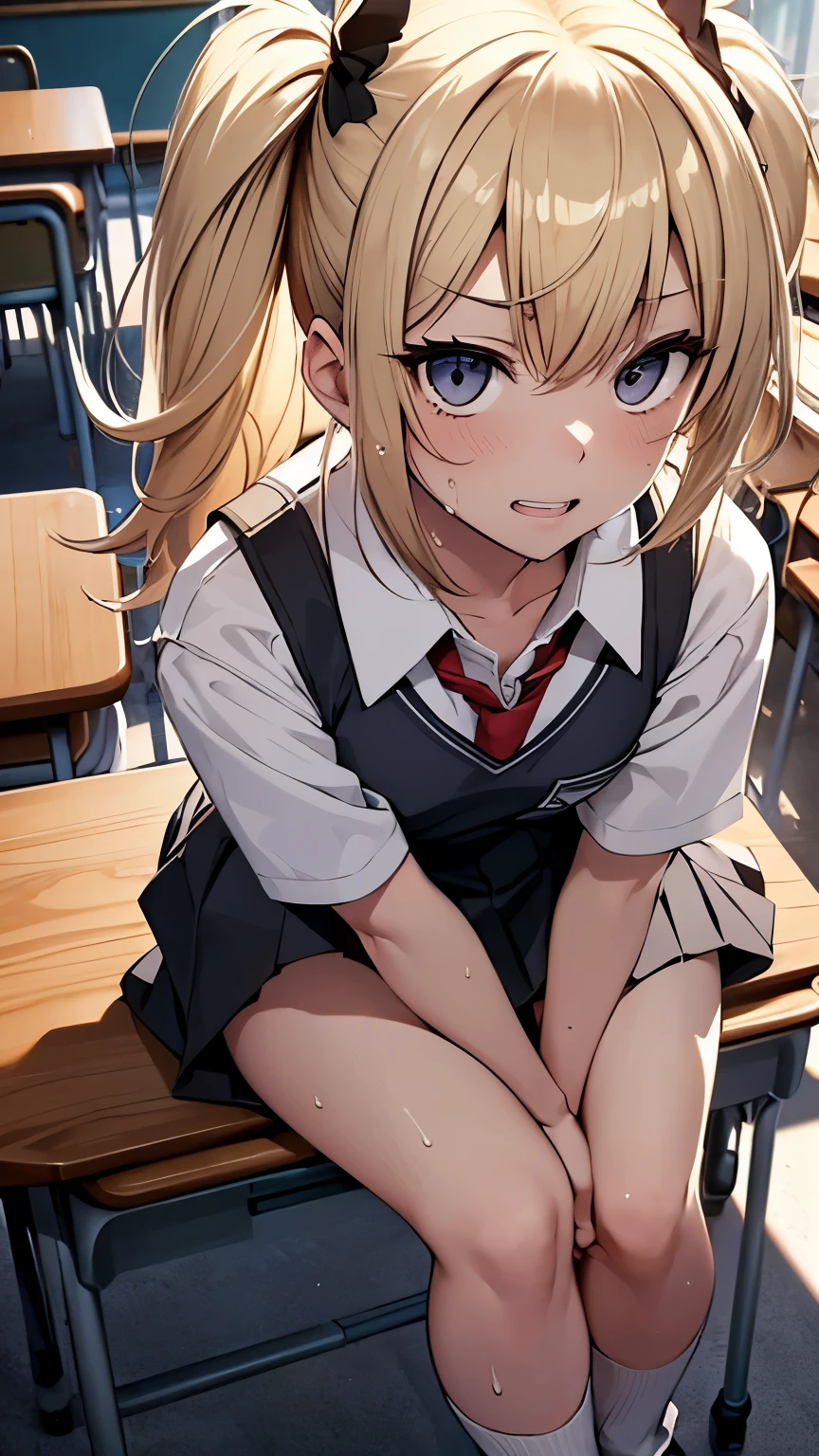Highest品質、Highest1People Girl,high quality,A be familiar withed face、A be familiar withed eye、be familiar with nose、be familiar with mouth、 beautiful expression, ((High resolution)), ((Highest品質)), be familiar with, excited face.I'I'm very happy,), ((Skin shiny with sweat)), (school uniform:1.2、loose socks)、blonde, (half twin tail)、pure white skin:1.3, cinematic lighting, completely in the shade,(((classroom))), Realistic lighting with shades,cowboy shot、panties