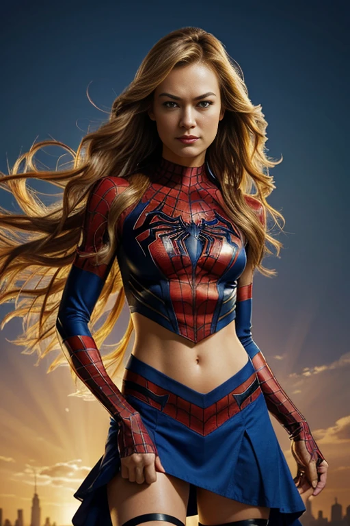 Yvonne Strahovski, showing her belly button, In New York, wearing a torn spiderman suit, wear a skirt, abstract photorealistic, Artistic, Alphonse Mucha'Masterpieces of painting, highest quality, High resolution:1.4), be familiar with, intricate details, 4k, splash of color, line drawing, fibonacci, High resolution, Bright colors, with fantasy background, Female features'Flowing hair and dramatic light rays.."
