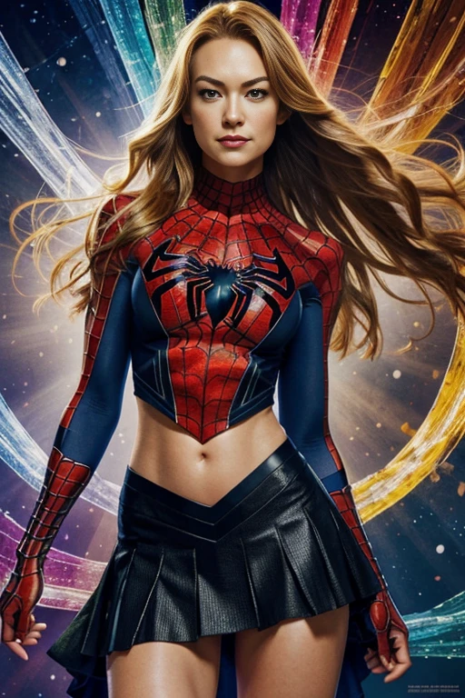 Yvonne Strahovski, showing her belly button, In New York, wearing a torn spiderman suit, wear a skirt, abstract photorealistic, Artistic, Alphonse Mucha'Masterpieces of painting, highest quality, High resolution:1.4), be familiar with, intricate details, 4k, splash of color, line drawing, fibonacci, High resolution, Bright colors, with fantasy background, Female features'Flowing hair and dramatic light rays.."
