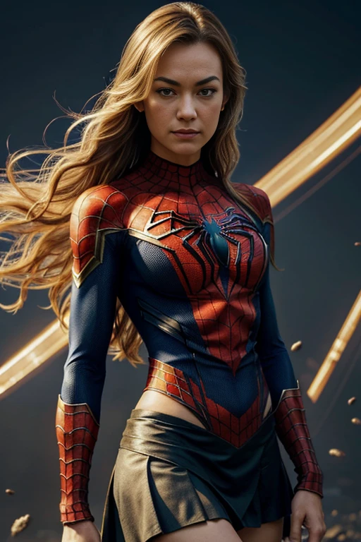 Yvonne Strahovski, showing her belly button, In New York, wearing a torn spiderman suit, wear a skirt, abstract photorealistic, Artistic, Alphonse Mucha'Masterpieces of painting, highest quality, High resolution:1.4), be familiar with, intricate details, 4k, splash of color, line drawing, fibonacci, High resolution, Bright colors, with fantasy background, Female features'Flowing hair and dramatic light rays.."