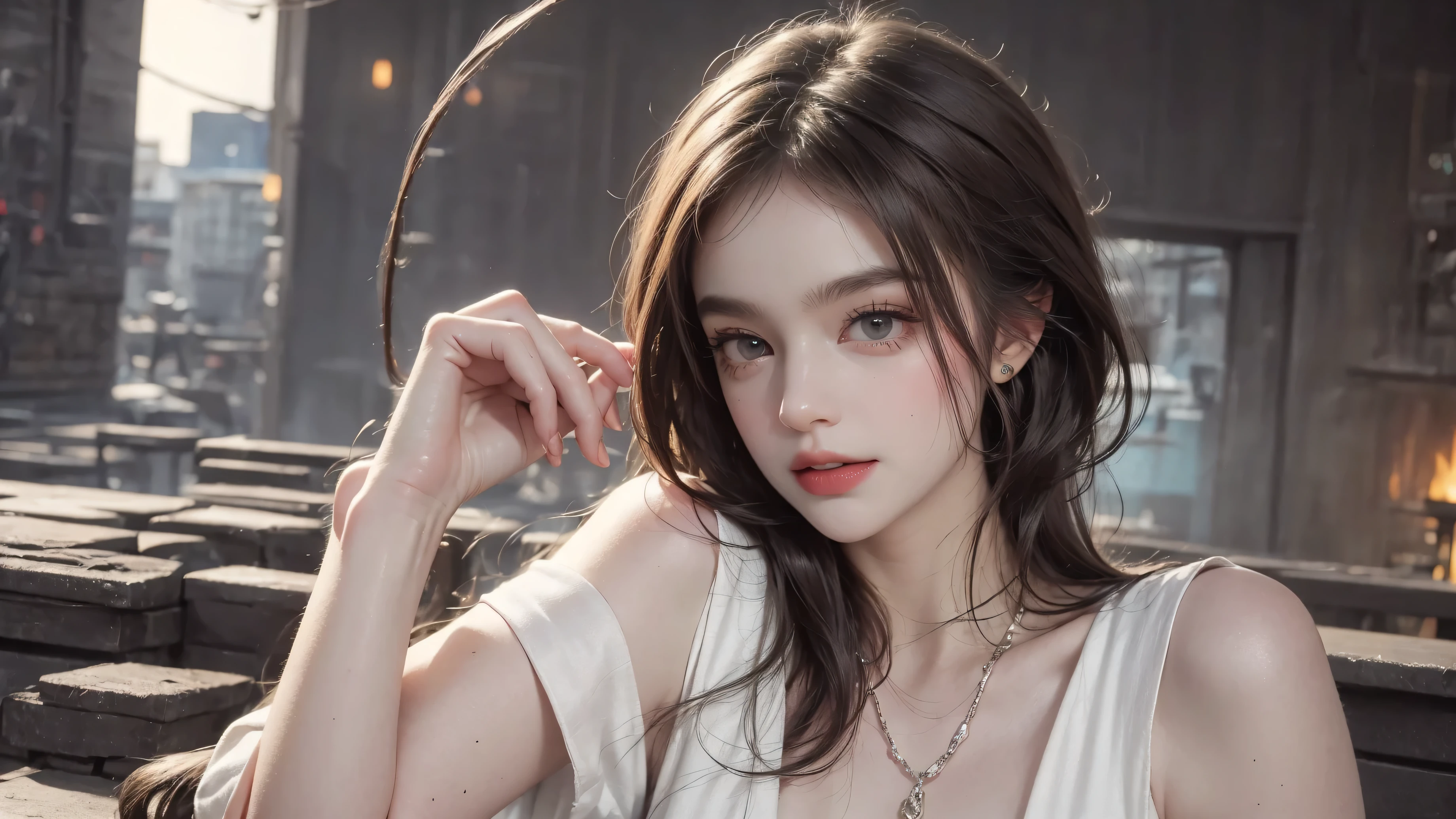 outdoor、Light brown short hair、
