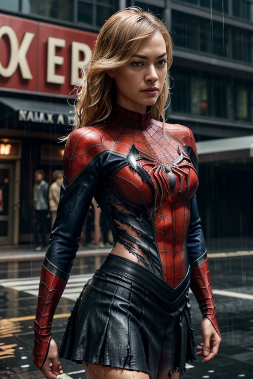 Yvonne Strahovski、マーベル・コミック映画のposter, very beautiful, movies about spiderman, sexy, whole body, I'm wearing a skirt、premiere date, poster、belly buttonを突き出す、new york、she's wearing a torn spiderman suit,the suit is torn、wearing a skirt、 red and black color scheme,dynamic、masterpiece、highest quality、super detailed、very detailed、Detailed beautiful shine、超A high resolution、cinematic,tear,teardrop,(torn clothes:1.5), (wet clothes:1.4), bare shoulders,real rain,wet hair,belly button、exposing skin、sexyな肩を見せてる