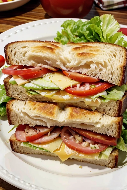 American sliced bread sandwich, on plate, slices of bacon, ham, cheese, tomatoes, lettuce, onion