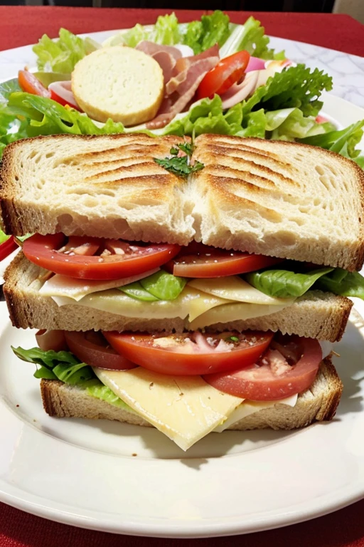 American sliced bread sandwich, on plate, slices of bacon, ham, cheese, tomatoes, lettuce, onion