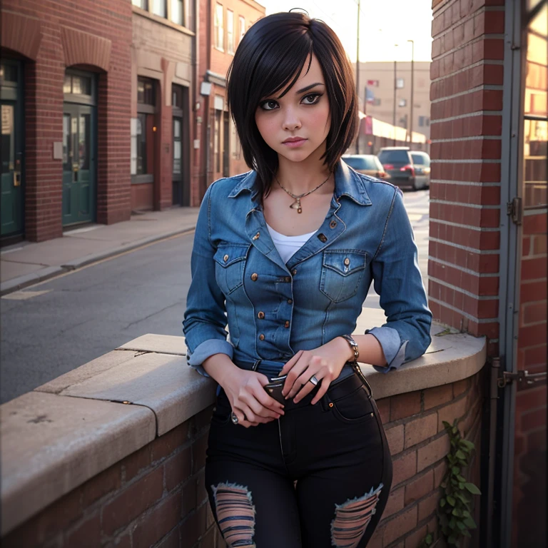 Masterpiece, best quality, detailed face, woman, black hair, emo clothes, ripped black jeans, leaning on a brick wall, big breasted, looking at viewer, neutral face