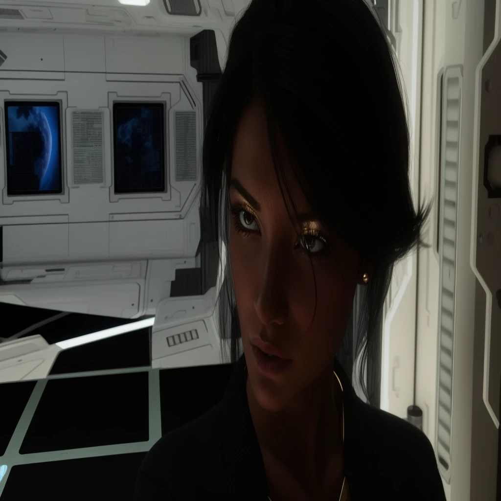 ultra-realistic, ultra-detalhado, ultra-detalhes intrincados, detalhes ultra-intrincados, K, High definition, multi-render, cinematic rendering, 3D rendering, there is a woman who is looking at the camera, attractive science fiction face, on a spacestation, futuristic starship crew member, science fiction woman, on a spacestation, in intergalactic hq, olhar distante e pensativo, retrato de uma science fiction woman, science fiction female character, women's science fiction, in space station, science fiction character, science fiction look
