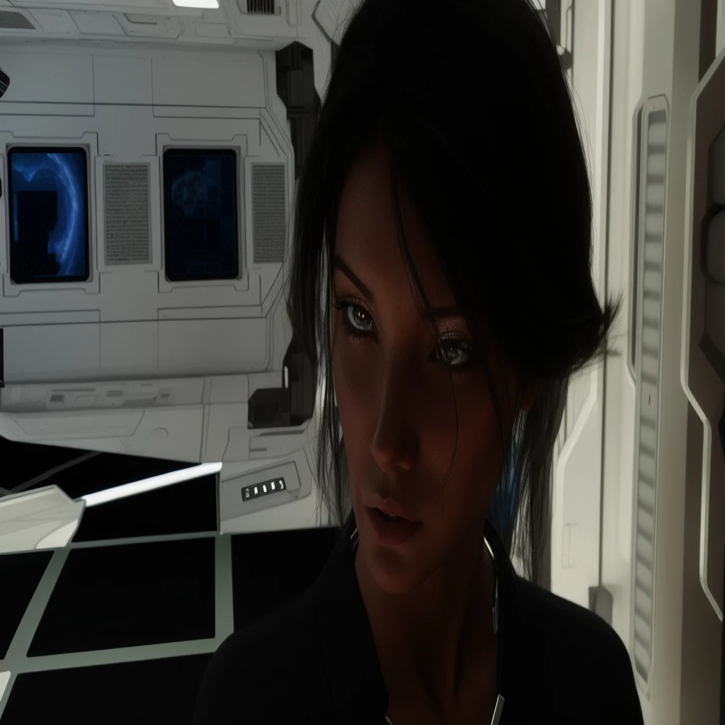 ultra-realistic, ultra-detalhado, ultra-detalhes intrincados, detalhes ultra-intrincados, K, High definition, multi-render, cinematic rendering, 3D rendering, there is a woman who is looking at the camera, attractive science fiction face, on a spacestation, futuristic starship crew member, science fiction woman, on a spacestation, in intergalactic hq, olhar distante e pensativo, retrato de uma science fiction woman, science fiction female character, women's science fiction, in space station, science fiction character, science fiction look
