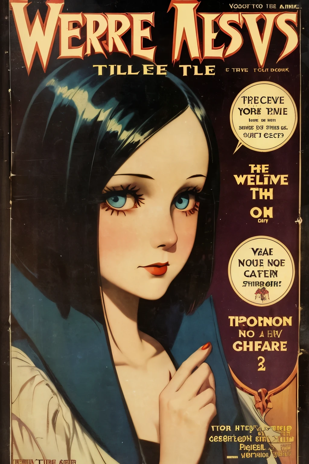 cover mistery magazine weird tale full lenght girl, cute face full lenght , girl pose for cover horror magazine weird tale , magazine age 1933, high quality,