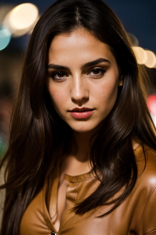 fotografia de uma mulher, (Facial expression), pele texturizada, long brown hair, sexy, shirt with a leather skirt, bold makeup, Portugal at night, perfect brown eyes, Suporte de 160 cores, filmado em ARRI ALEXA 65, sharp focus on the subject, filmado por Don McCullin