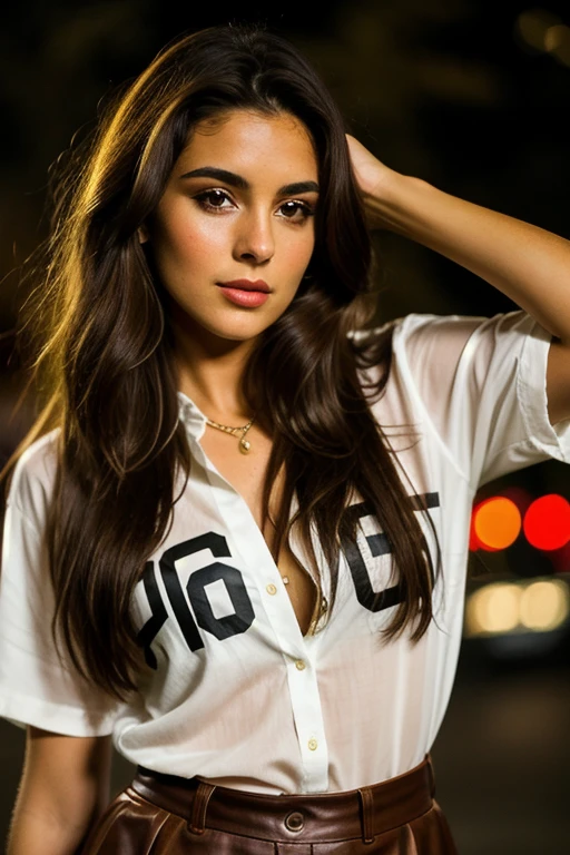 fotografia de uma mulher, (Facial expression), pele texturizada, long brown hair, sexy, shirt with a leather skirt, bold makeup, Portugal at night, perfect brown eyes, Suporte de 160 cores, filmado em ARRI ALEXA 65, sharp focus on the subject, filmado por Don McCullin