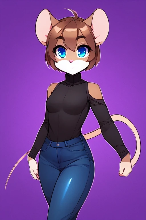 furry mouse girl, light brown fur, light brown ears, short light brown hair, blue eyes, black turtleneck, blue jeans, bandage on right side of face, a little buff, purple background,