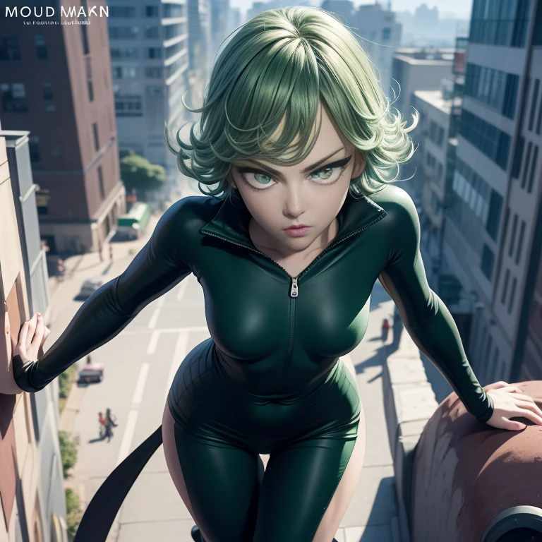  1girl, alone, Tatsumaki One Punch Man floating over a city, Anime girl, short hair, green hair, green eyes, Tatsumaki black outfit, Tatsumaki (One Punch Man) Clothing style, Black clothing, Black dress, long sleeve, pelvic curtain, Detailed clothes, masterpiece, symmetrical, serious face, very small breasts, small breasts, medium thigh medium waist, wide hips, 1 girl, bright green eyes, City Background, Sky Background, View from above, Bokeh, 4K Masterpiece, HDR , Anime art style, One Punch Man art style, sharp colors, vivid colors, green particles, iom