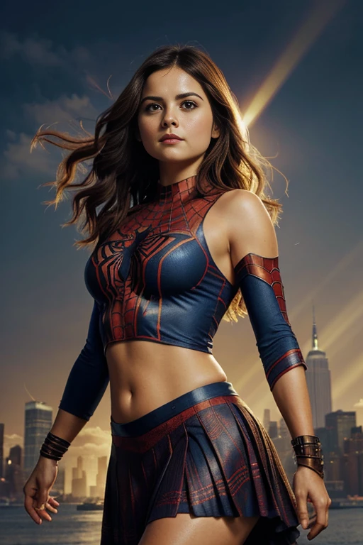 jenna louise coleman, showing her belly button, In New York, wearing a torn spiderman suit, wear a skirt, abstract photorealistic, Artistic, Alphonse Mucha&#39;Masterpieces of painting, highest quality, High resolution:1.4), be familiar with, intricate details, 4k, splash of color, line drawing, fibonacci, High resolution, Bright colors, with fantasy background, Female features&#39;Flowing hair and dramatic light rays.."