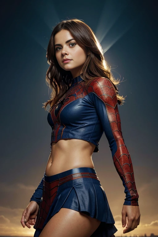 jenna louise coleman, showing her belly button, In New York, wearing a torn spiderman suit, wear a skirt, abstract photorealistic, Artistic, Alphonse Mucha'Masterpieces of painting, highest quality, High resolution:1.4), be familiar with, intricate details, 4k, splash of color, line drawing, fibonacci, High resolution, Bright colors, with fantasy background, Female features'Flowing hair and dramatic light rays.."