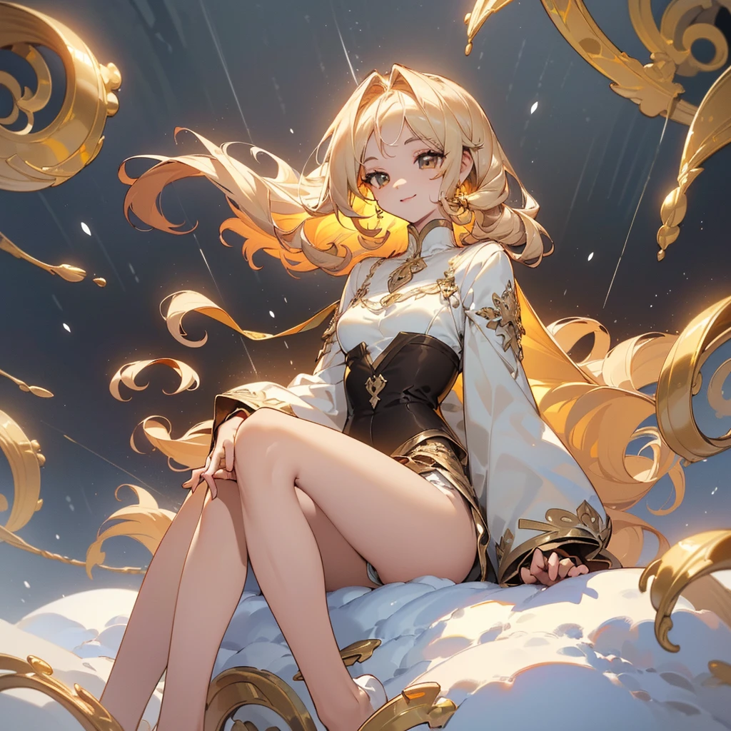 ((Masterpiece: 1.5, best quality, high resolution: 1.3, super resolution, super detailed, ultra detailed: 1.3, rich background: 1.2, Perfect Anatomy:1.5, 1 woman) pale skin + light blonde hair + Long curly hair + honey eyes + feminine figure + medium chest + small waist + wide hips (accessories on her thighs, no shoes, minimal jewelry, beautiful and divine clothing) ((open eyes, smile, sitting with wind blowing, white snow falling, snow on her hair, dramatic lighting, elegant background)) ((colors for clothing: brown, gold, honey))