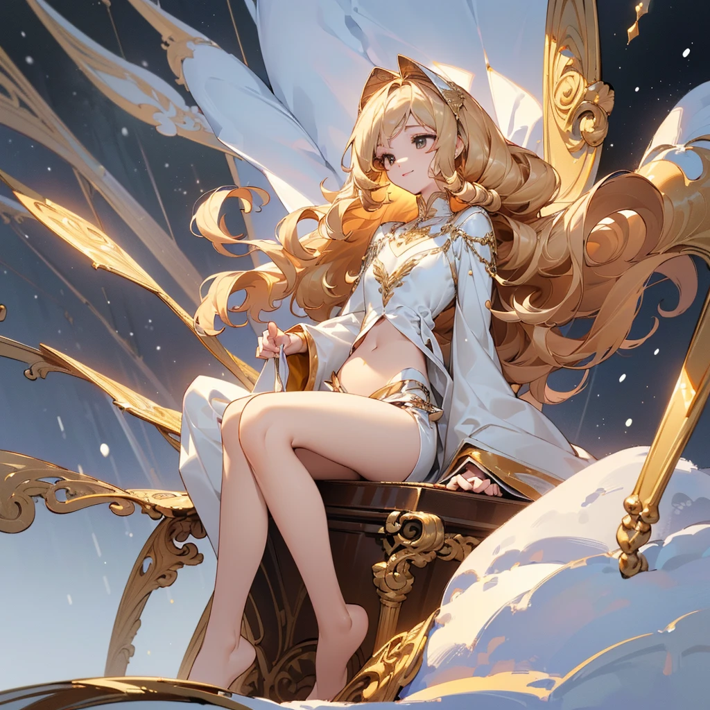 ((Masterpiece: 1.5, best quality, high resolution: 1.3, super resolution, super detailed, ultra detailed: 1.3, rich background: 1.2, Perfect Anatomy:1.5, 1 woman) pale skin + light blonde hair + Long curly hair + honey eyes + feminine figure + medium chest + small waist + wide hips (accessories on her thighs, no shoes, minimal jewelry, beautiful and divine clothing) ((open eyes, smile, sitting with wind blowing, white snow falling, snow on her hair, dramatic lighting, elegant background)) ((colors for clothing: brown, gold, honey))