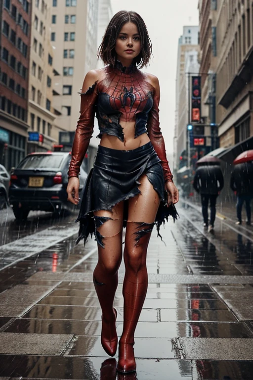 jenna louise coleman、マーベル・コミック映画のposter, very beautiful, movies about spiderman, sexy, whole body, I'm wearing a skirt、premiere date, poster、belly buttonを突き出す、new york、she's wearing a torn spiderman suit,the suit is torn、wearing a skirt、 red and black color scheme,dynamic、masterpiece、highest quality、super detailed、very detailed、Detailed beautiful shine、超A high resolution、cinematic,tear,teardrop,(torn clothes:1.5), (wet clothes:1.4), bare shoulders,real rain,wet hair,belly button、exposing skin、sexyな肩を見せてる