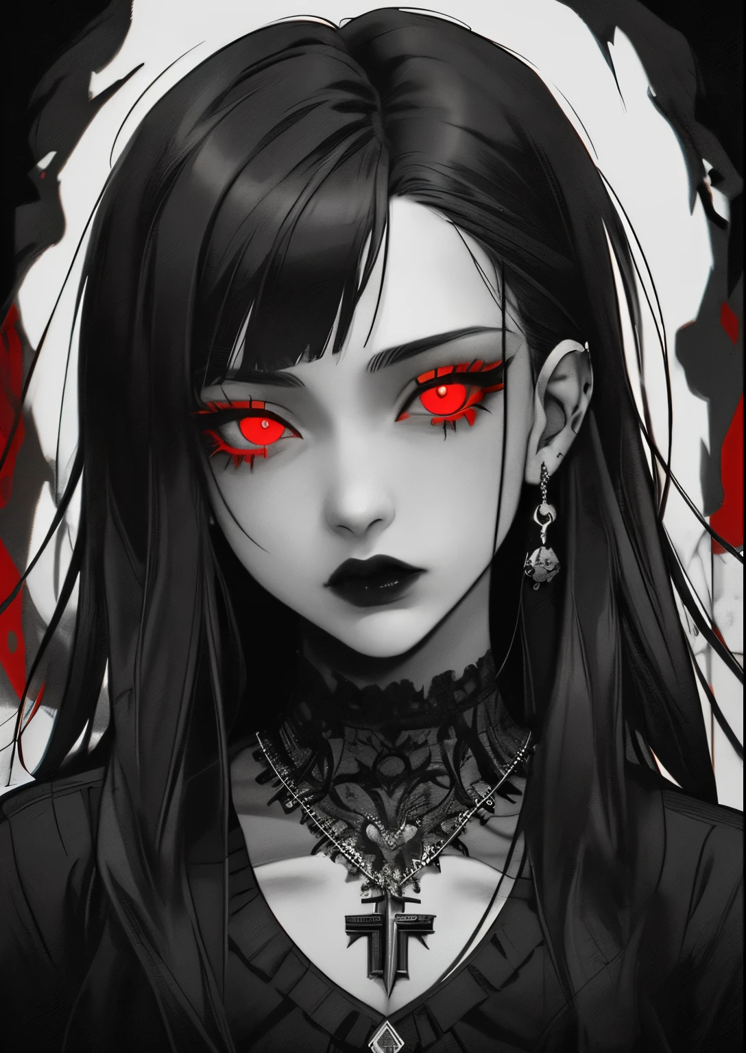 Goth girl 1girl, solo, long demon hair, looking at viewer, red eyes, jewelry, necklace, makeup, lipstick, black background, portrait, glowing eyes, by vegivore, dramatic, gritty, intense, distorted face, nightmare, intricate details, hyperdetailed, cinematic, dark shot, film grainy, soothing tones, muted colors, technicolor
BREAK
outdoors, twilight, raytracing BREAK
d4rk4rt art style, monochrome, greyscale